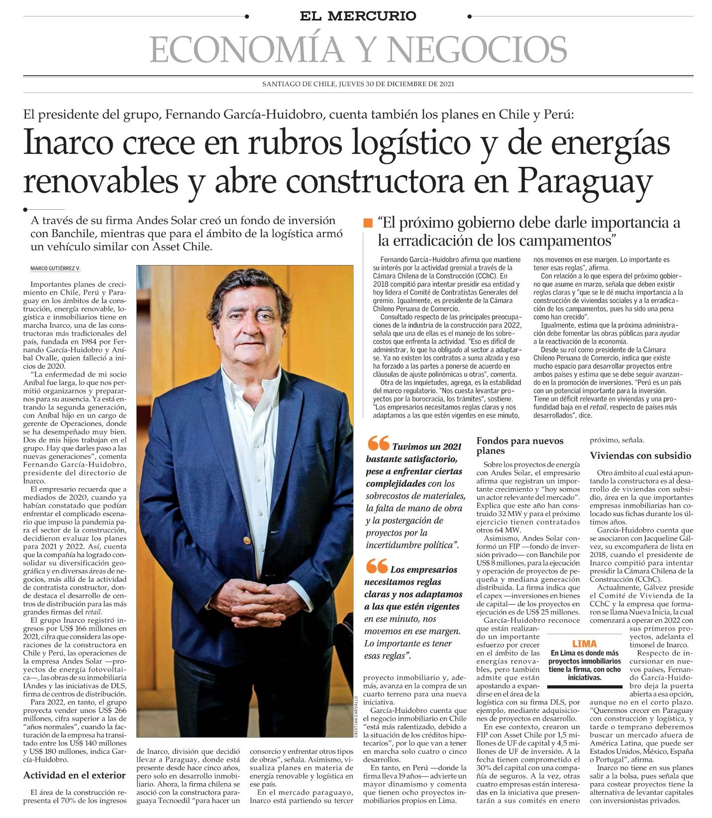 Inarco crece en rubros logístico y de energías renovables y abre constructora en Paraguay